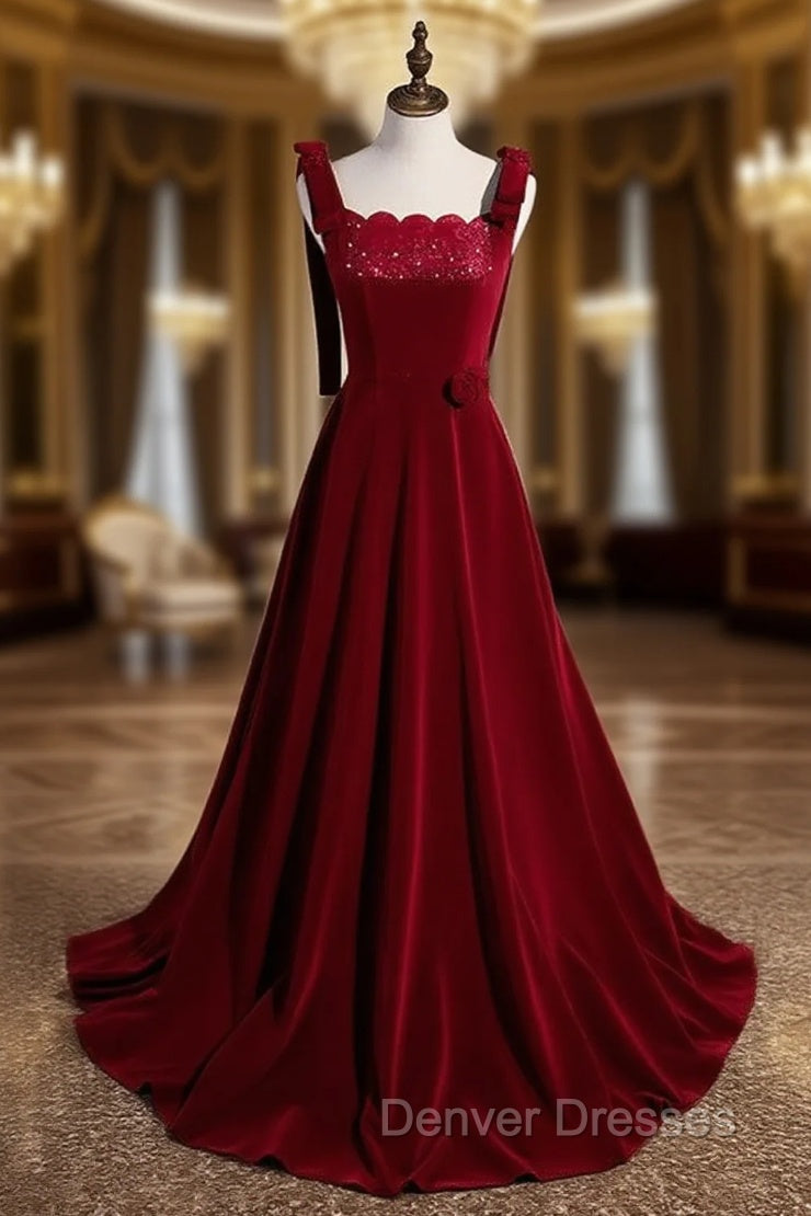 Burgundy Velvet Straps Beading Prom Dress Main image