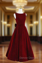 Burgundy Velvet Tea Length Prom Dress, A-Line Party Dress with Bow
