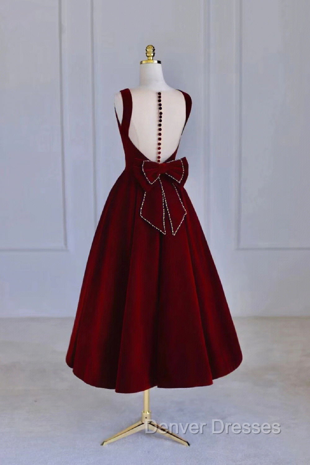 Burgundy Velvet Tea Length Prom Dress, A-Line Party Dress with Bow Secondary image