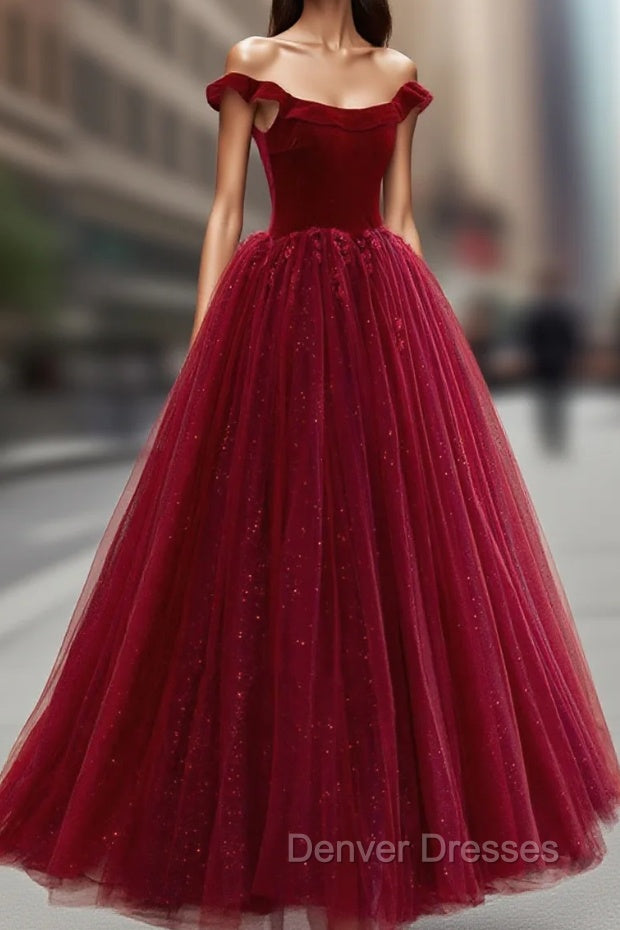 Burgundy Velvet Tulle Floor Length Prom Dress, Lovely Evening Party Dress Secondary image