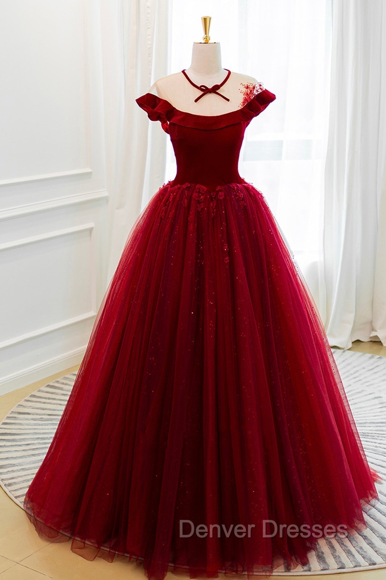 Burgundy Velvet Tulle Floor Length Prom Dress, Lovely Evening Party Dress Main image