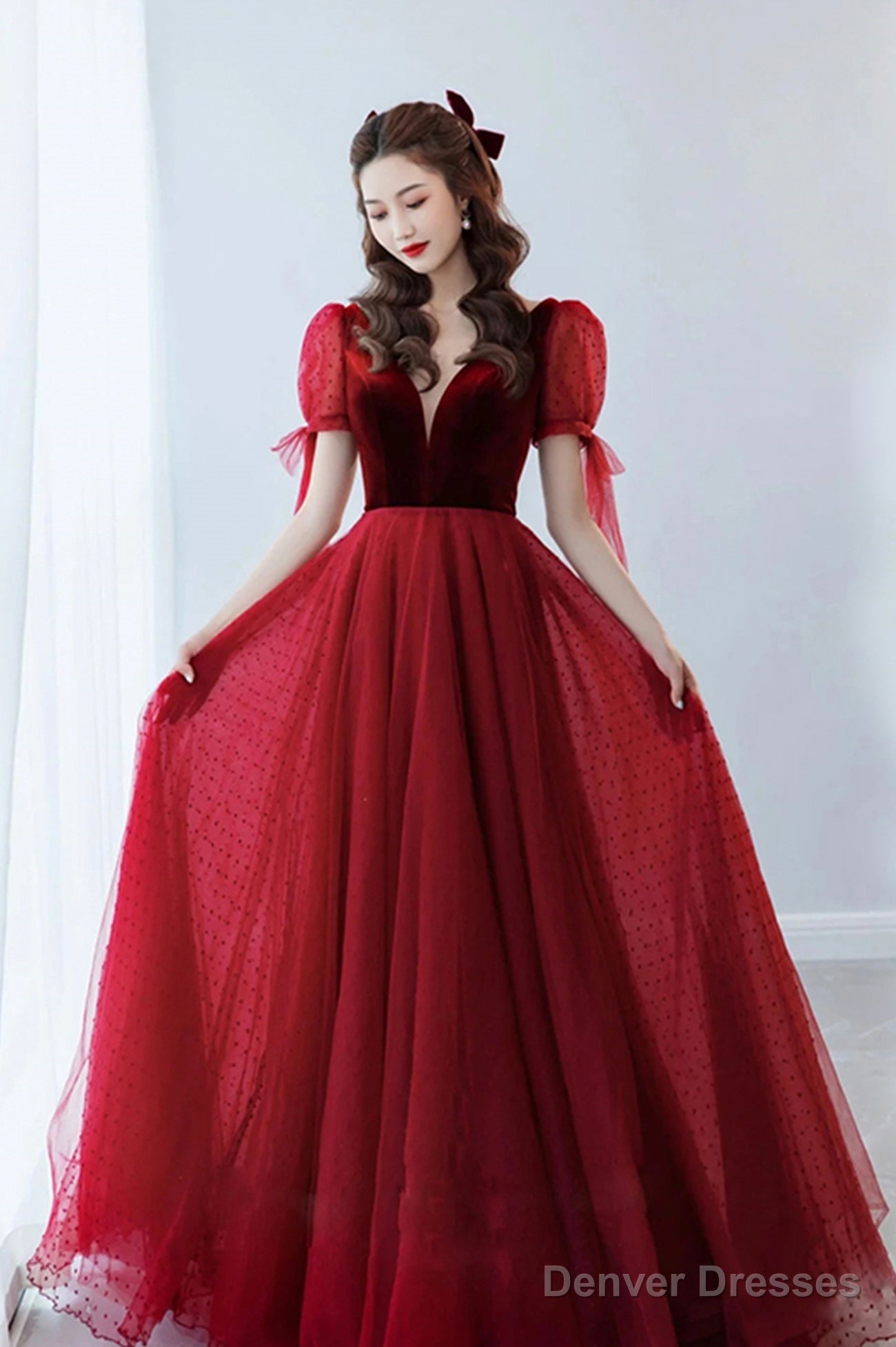 Burgundy Velvet Tulle Long A-Line Prom Dress, V-Neck Short Sleeve Party Dress Main image