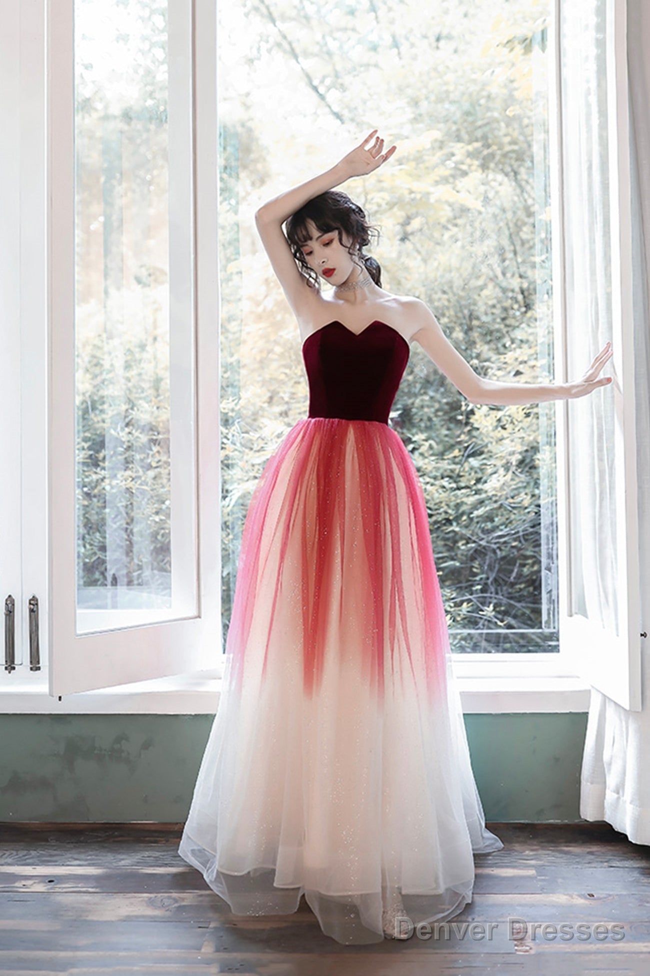 Burgundy Velvet Tulle Long Prom Dresses, A-Line Evening Dresses Secondary image