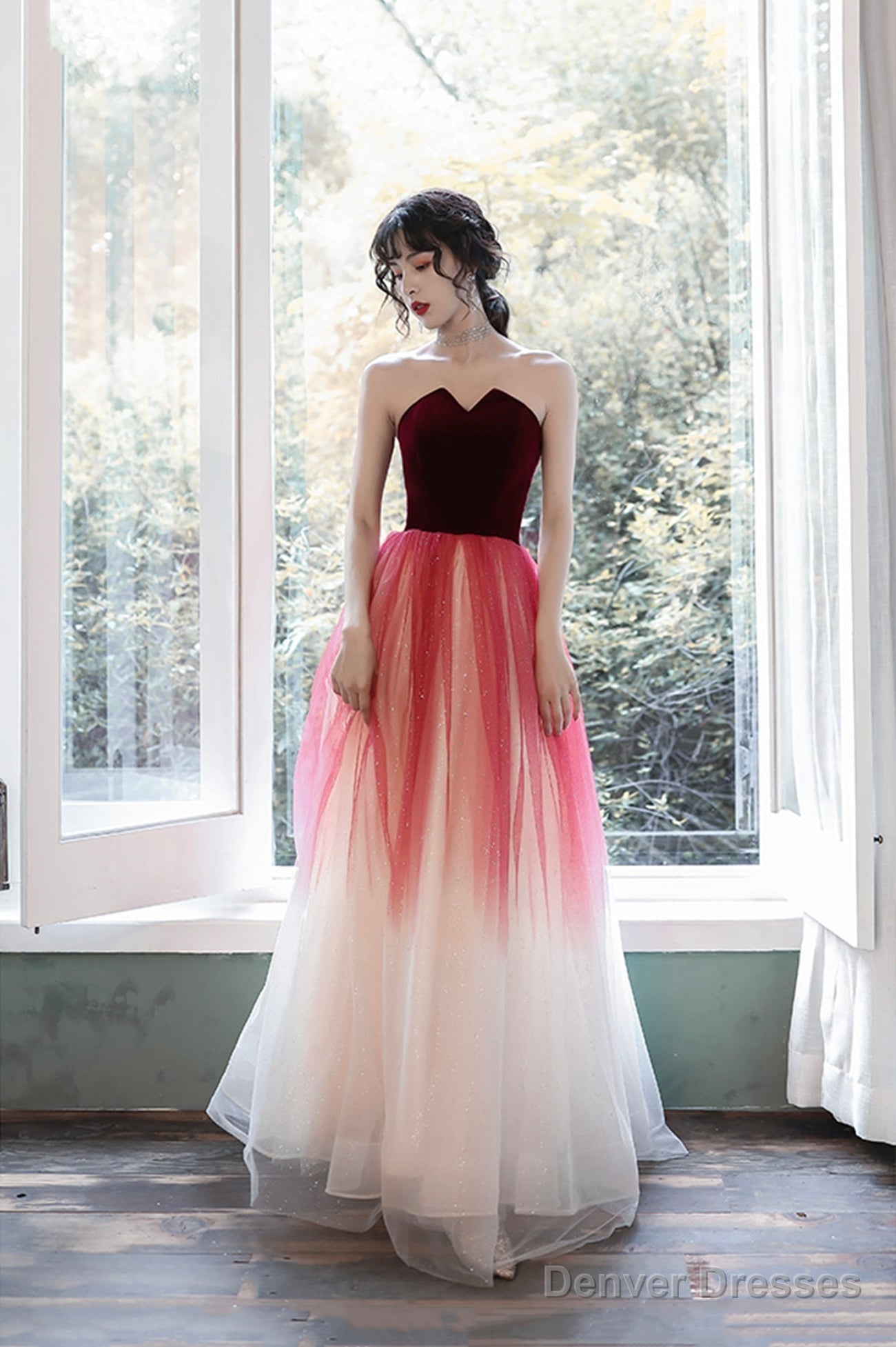 Burgundy Velvet Tulle Long Prom Dresses, A-Line Evening Dresses Main image