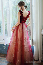 Burgundy Velvet Tulle Long Prom Dresses, V-Neck Graduation Dresses