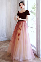 Burgundy Velvet Tulle Short Sleeves Long Formal Dress, Evening Prom Event