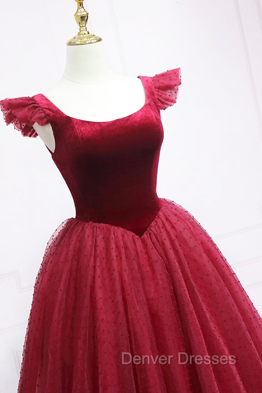 Burgundy Velvet Tulle Tea Length Prom Dress, Cute A-Line Party Dress Secondary image