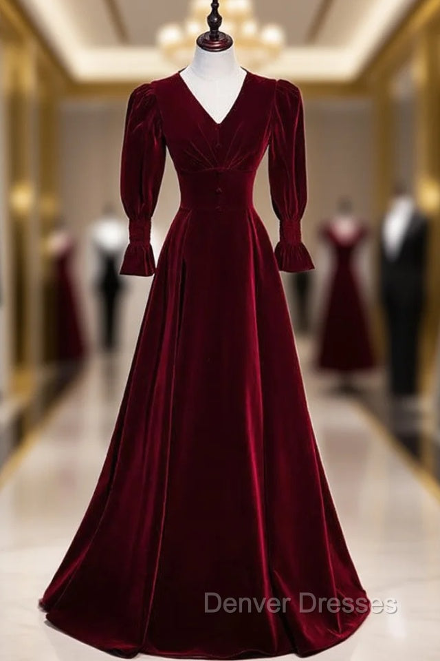 Burgundy Velvet V-neck Long Sleeve Button Prom Dress Main image