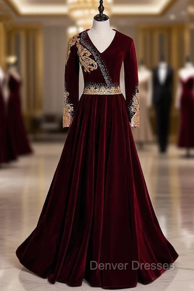 Burgundy Velvet V-neck Long Sleeve Gold Beading Prom Dress Main image