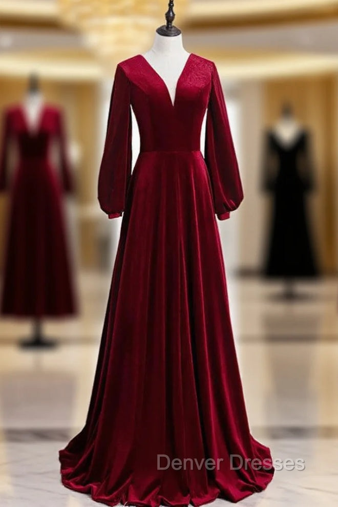Burgundy Velvet V-neck Long Sleeve Long Prom Dress Main image