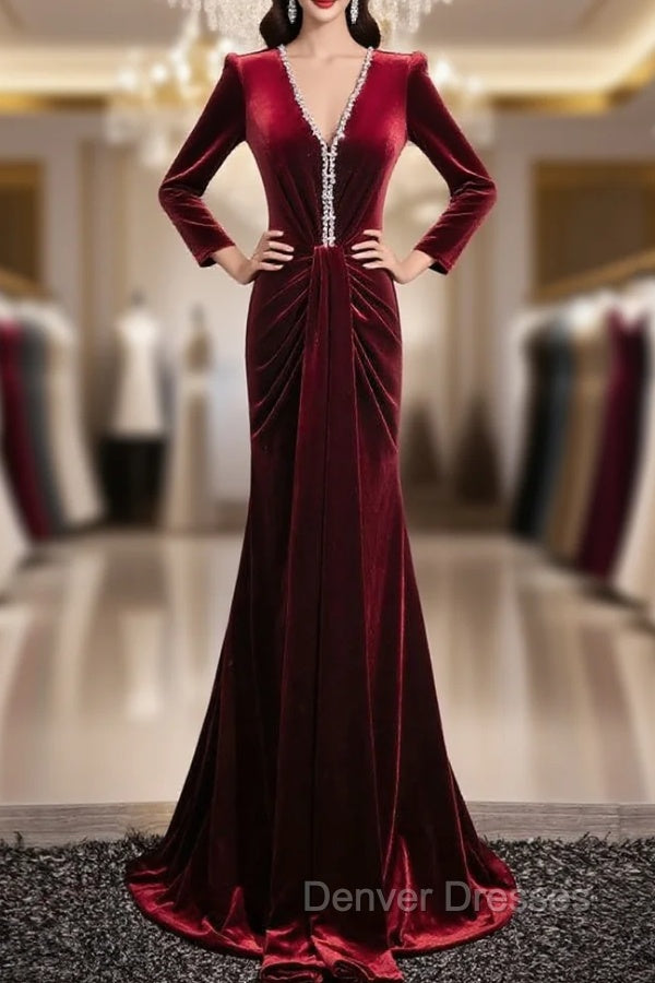 Burgundy Velvet V-neck Long Sleeve Prom Dress