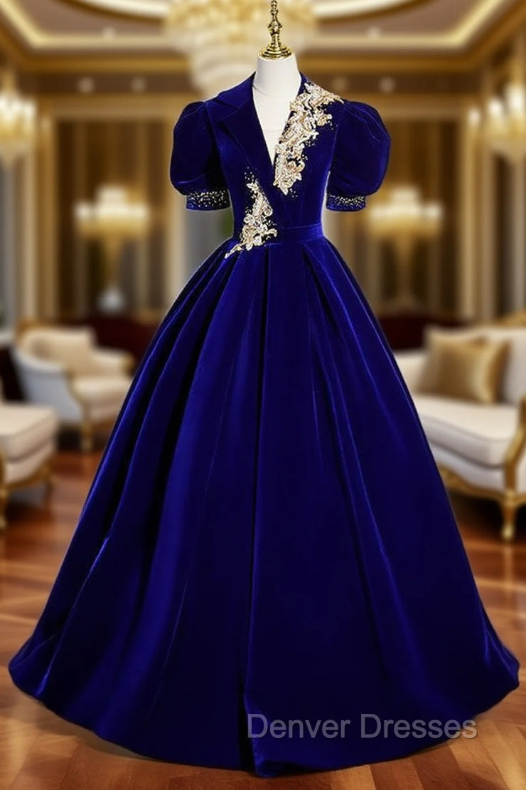 Burgundy Velvet V-neck Puff Sleeve Appliques Prom Dress Main image