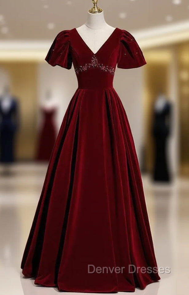 Burgundy Velvet V-neck Puff Sleeve Beading Prom Dress Main image