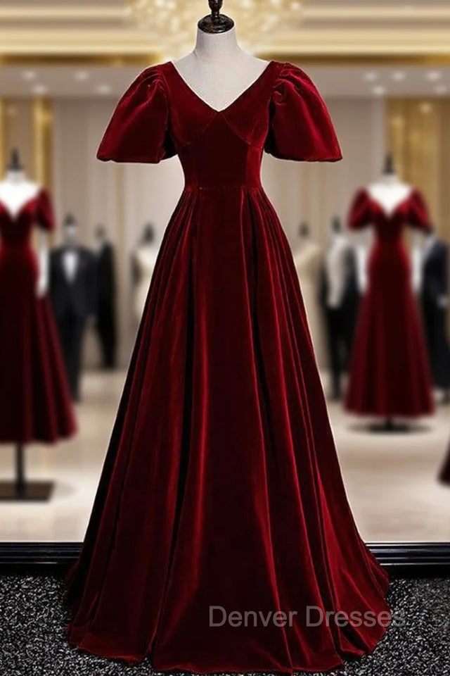 Burgundy Velvet V-neck Puff Sleeve Prom Dress Main image