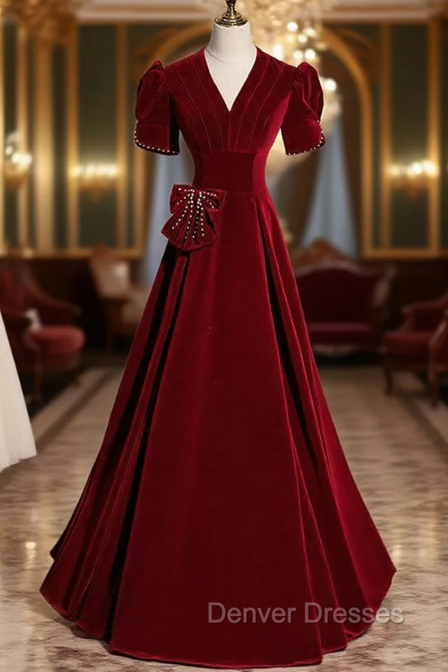 Burgundy Velvet V-neck Short Sleeve Prom Dress Main image