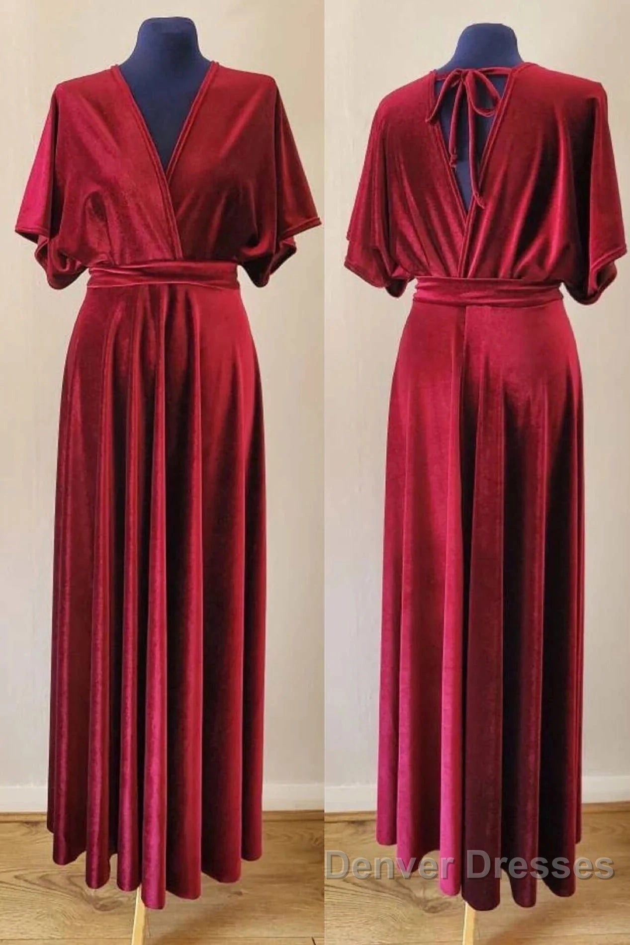 Burgundy Velvet Winter Formal Dress V-Neck Long Bridesmaid Dress Secondary image