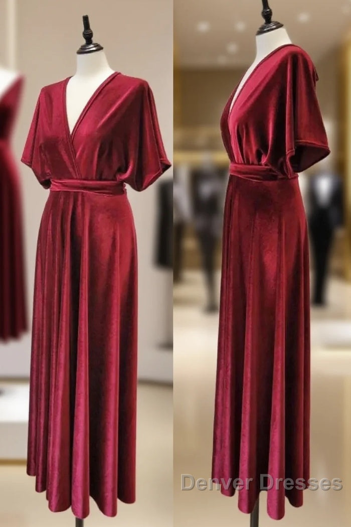 Burgundy Velvet Winter Formal Dress V-Neck Long Bridesmaid Dress Main image