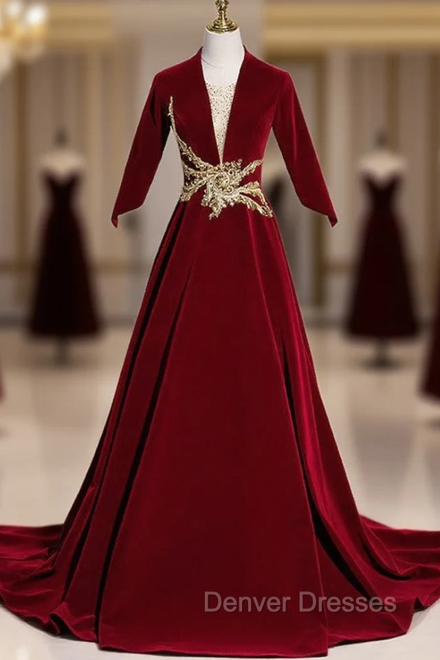 Burgundy Vevelt Short Sleeve Appliques Prom Dress