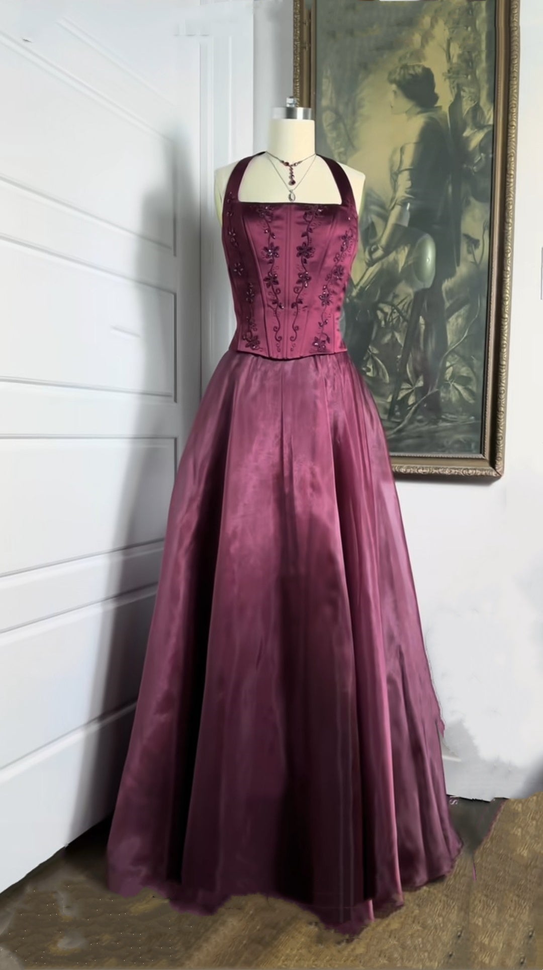 Burgundy Red Vintage Elegant Shiny Beaded Long Tulle Ball Gown Evening Dress Party Dress Main image