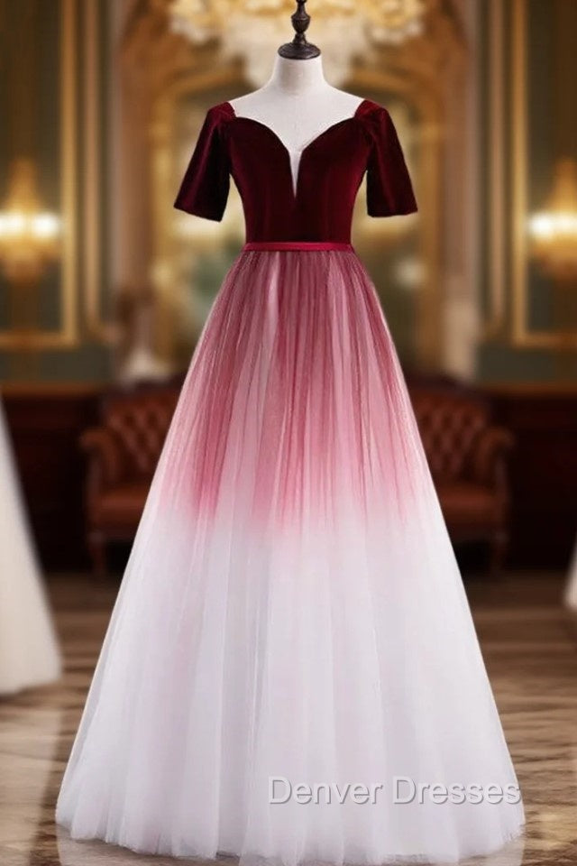 Burgundy White Tulle Velvet Short Sleeve Prom Dress Main image