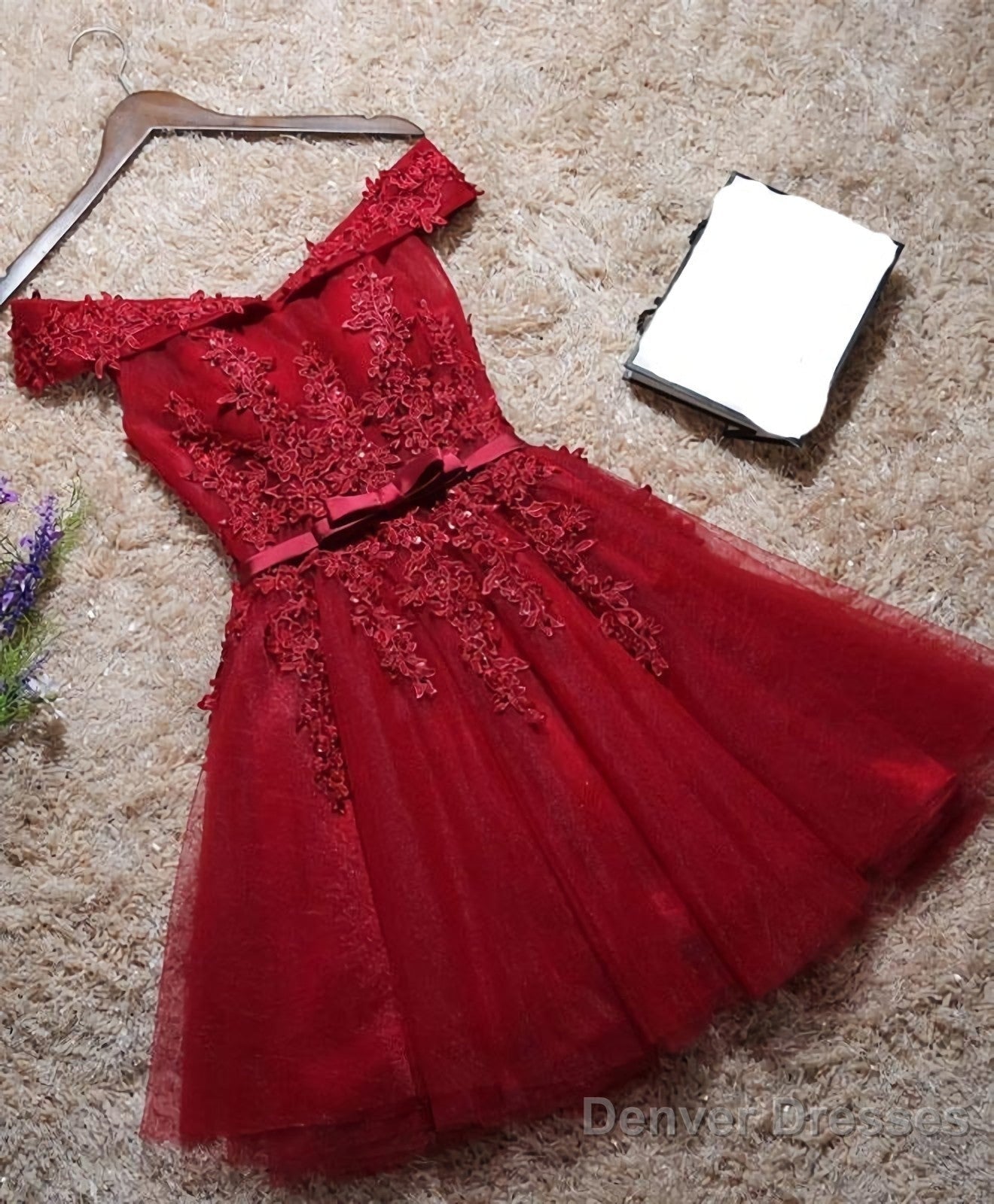 Burgundy Lace Off Shoulder Short Prom Dress, Lace Evening Dress Main image