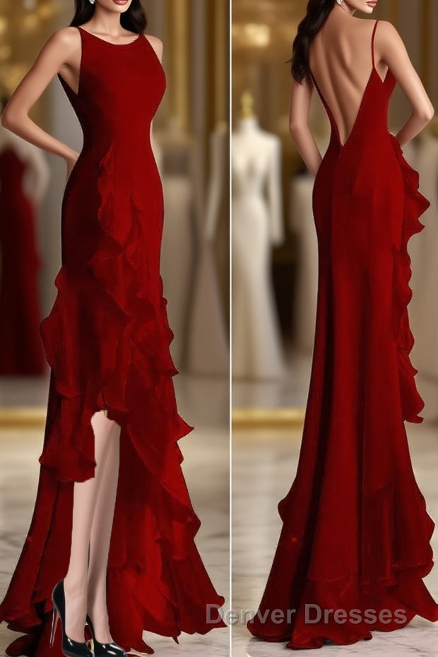 Simple Mermaid Prom Gown With Ruffles, Spaghetti Straps Backless Dress For Date