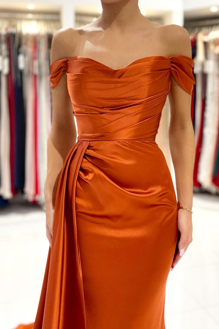 Burnt Orange Off-The-Shoulder Mermaid Prom Dress Long With Split