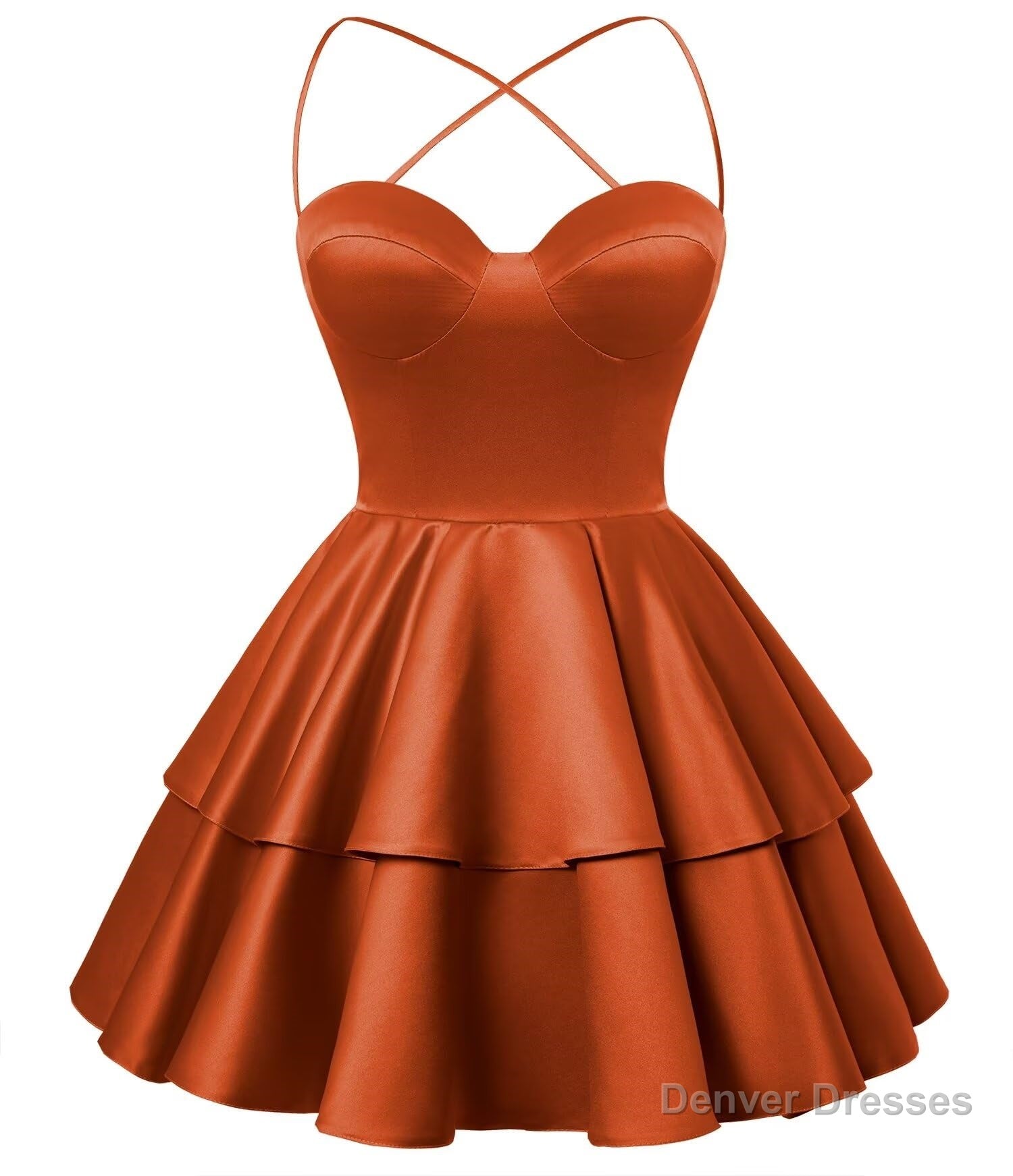 Burnt Orange Satin Homecoming Dress Sweetheart Neck Tiered Short Graduation Dresses Main image