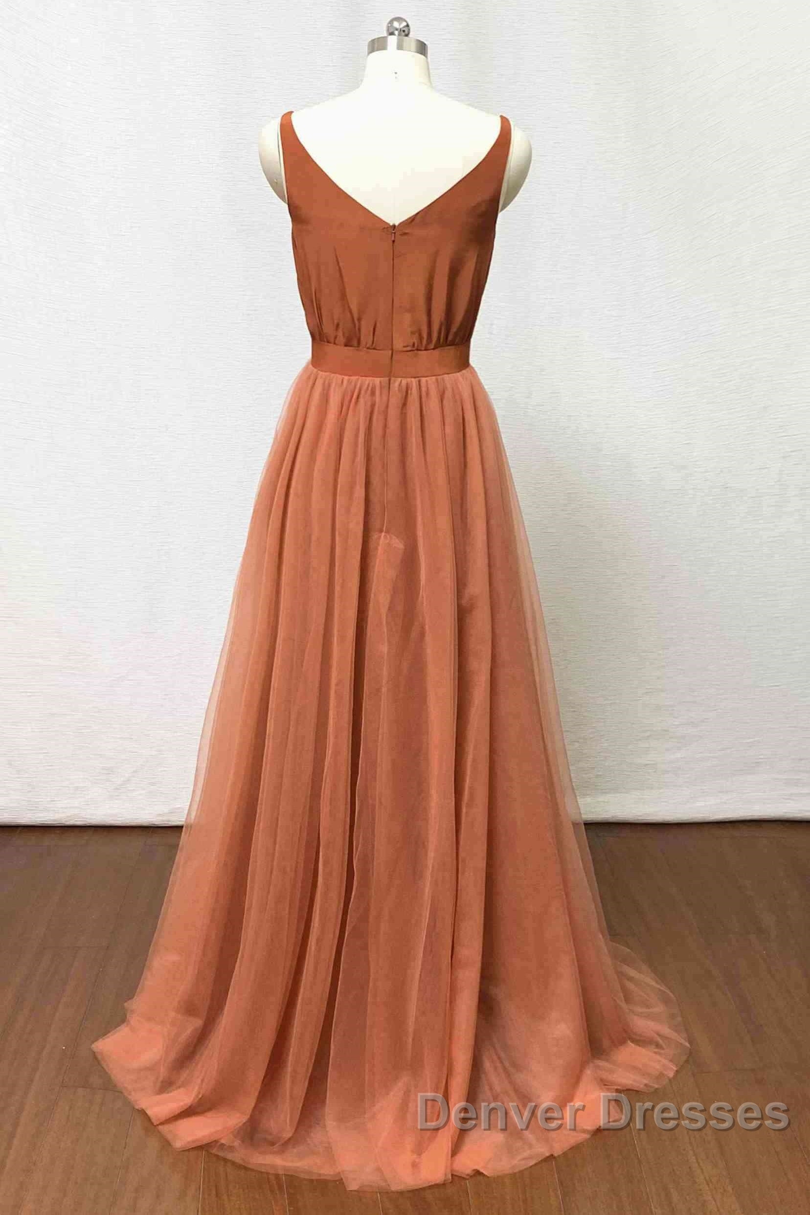 Burnt Orange Scoop Neck Satin Top Long Bridesmaid Dress Secondary image