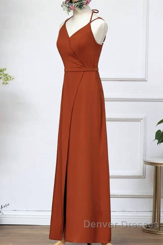 Burnt Orange Slit Bridesmaid Dress With Straps Secondary image