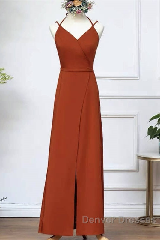 Burnt Orange Slit Bridesmaid Dress With Straps