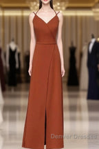 Burnt Orange Slit Bridesmaid Dress With Straps