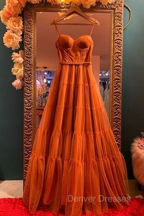 Burnt Orange Straps Tulle A-Line Long Prom Gown Formal Dress Secondary image