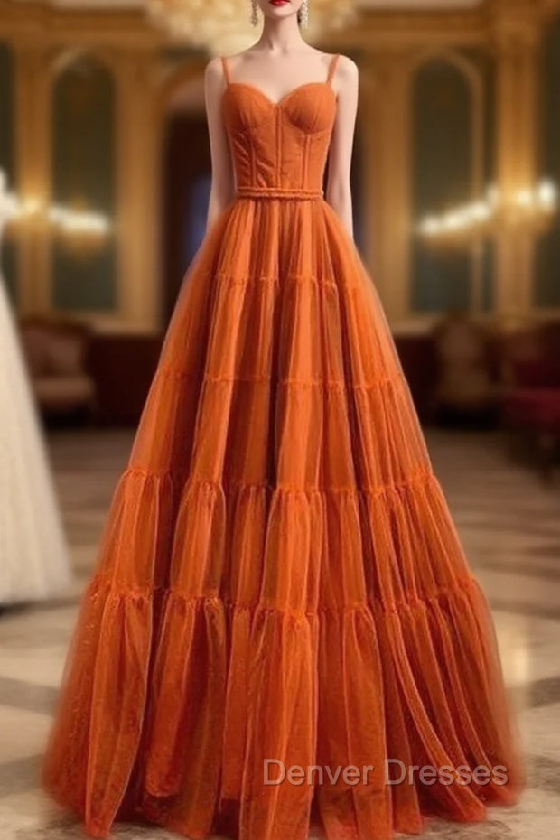 Burnt Orange Straps Tulle A-Line Long Prom Gown Formal Dress