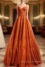 Burnt Orange Straps Tulle A-Line Long Prom Gown Formal Dress