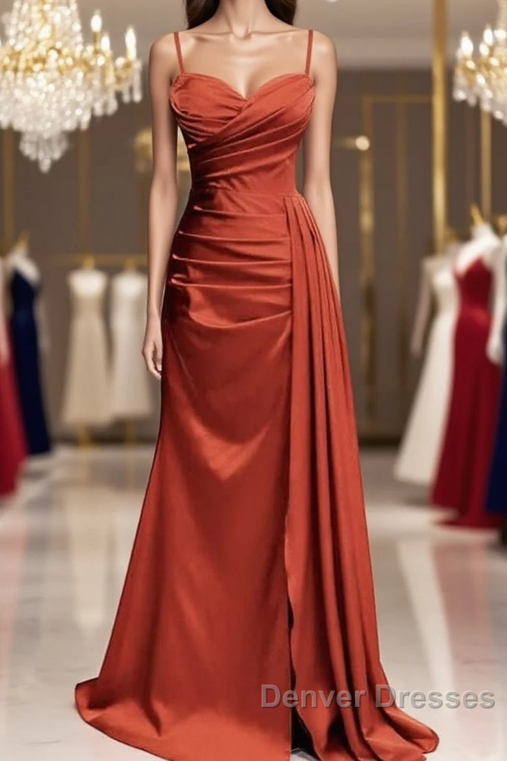 Burnt Orange Sweetheart Slit Satin Spaghetti Straps Dress Main image
