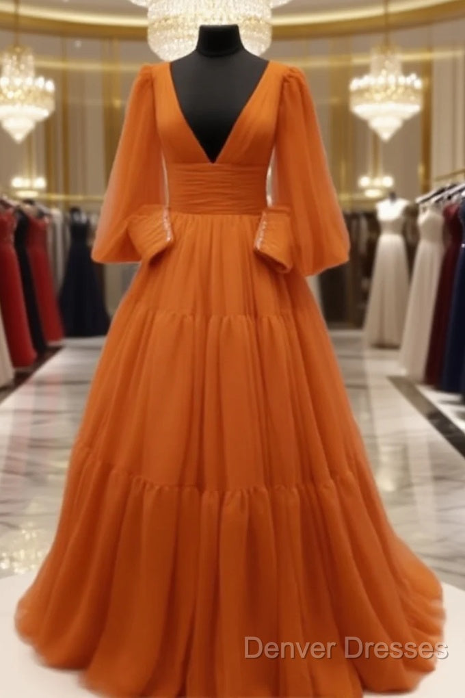 Burnt Orange Tulle V-Neck Ball Gown Dress Main image
