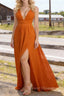 Burnt Orange V Neck Chiffon Floor Length Bridesmaid Dresses Long Bridesmaid Dress With Pleated Split