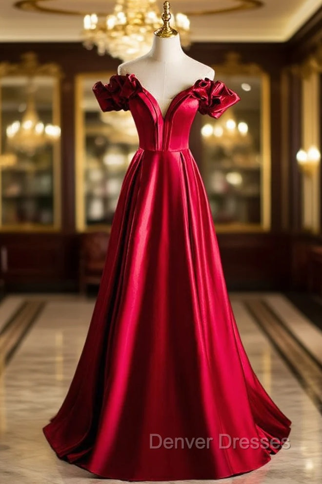 Burugndy Satin Off the Shoulder Prom Dress Main image