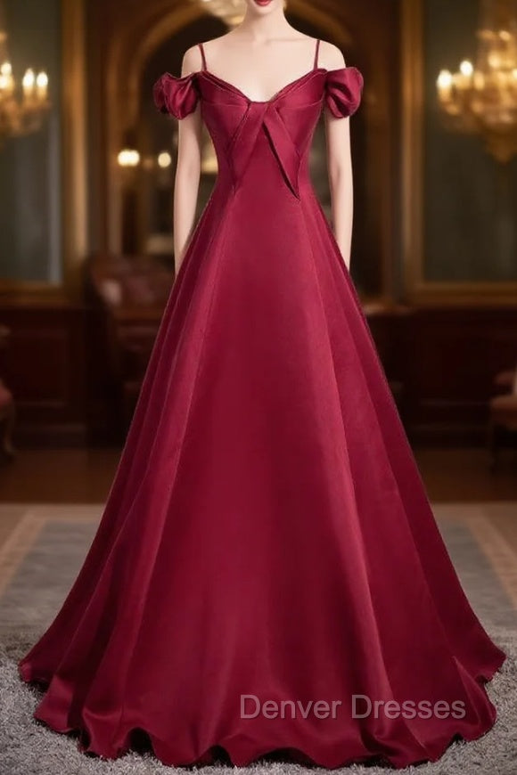 Burugndy Satin Spaghetti Straps Prom Dress Main image