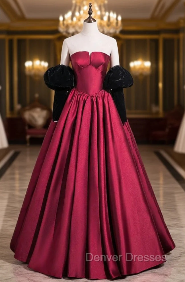 Burugndy Satin Strapless Black Velvet Long Sleeve Prom Dress Main image
