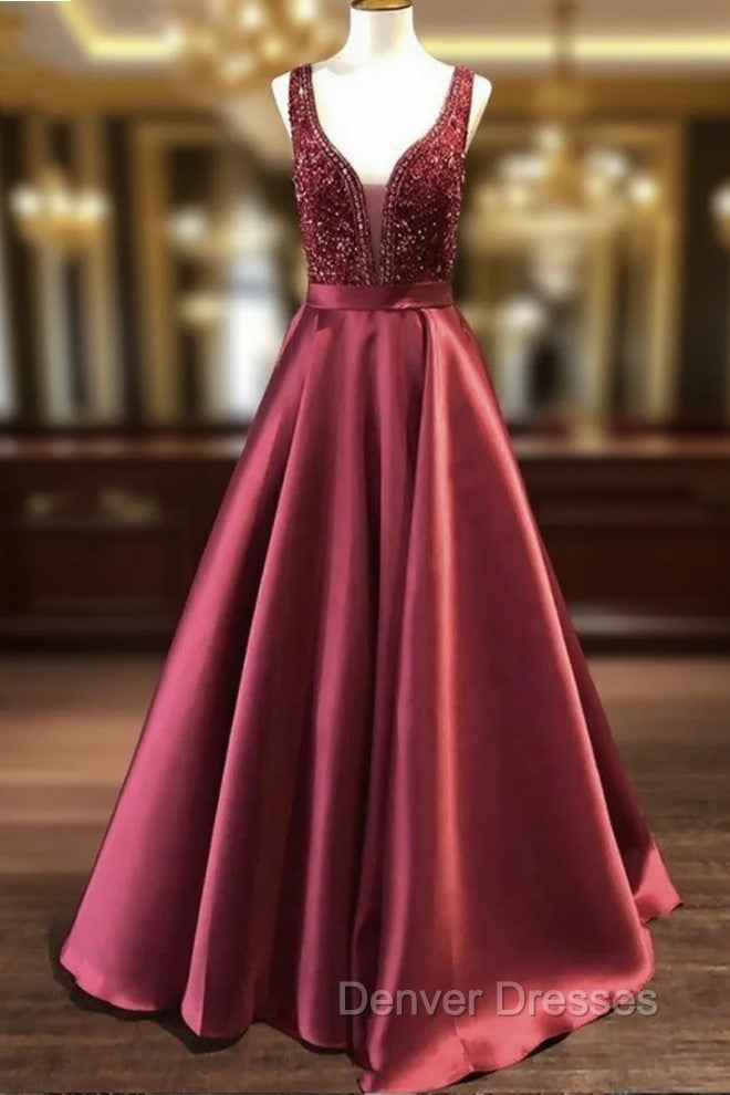 Burugndy Satin V-neck Beading Prom Dress Main image
