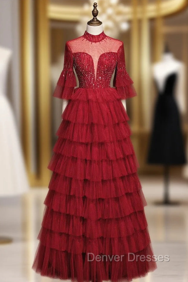 Burugndy Tulle High Neck Backless Beading Prom Dress Main image