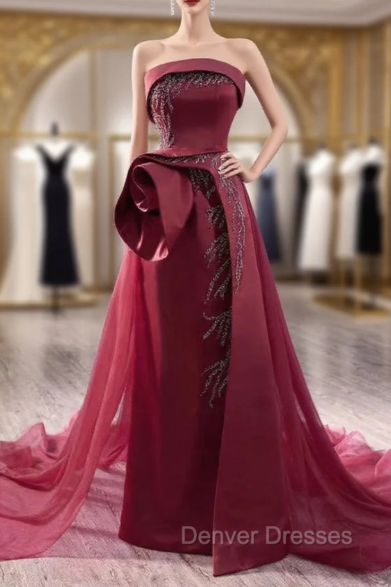 Burugndy Tulle Strapless Sequins Beading Prom Dress