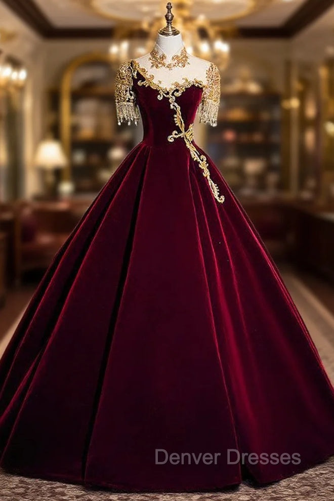 Burugndy Velvet High Neck Short Sleeve Beading Prom Dress