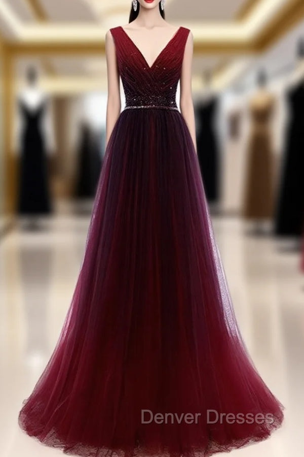 Buy Cheap Pleats Beading Burgundy V Neck Long A Line Tulle Prom Dress Under 120