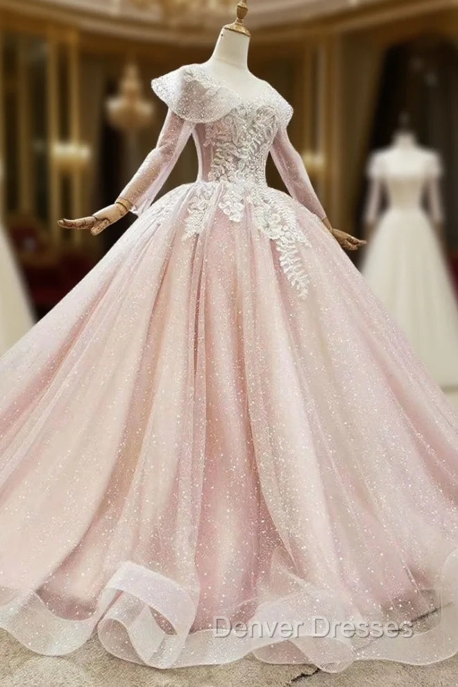 Buy From Pink Ball Gown Tulle Long Sleeve Appliques Princess Prom Dress Main image