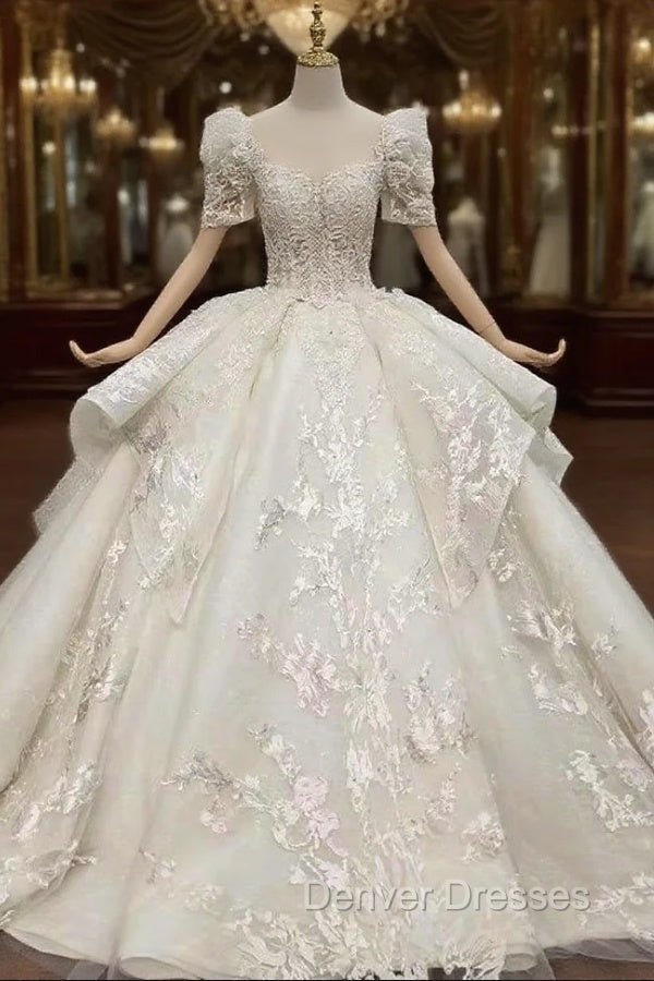 Buy More, Save More Ivory White Ball Gown Tulle Lace Short Sleeve Appliques Beading Wedding Dress Main image