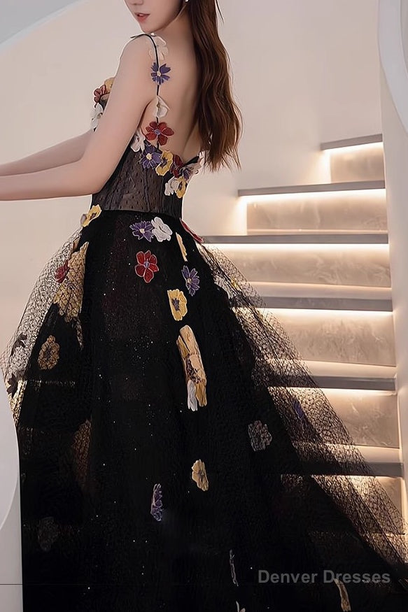 A Line Black Tulle Prom Dress with Flowers Puffy Quinceanera Dresses Secondary image