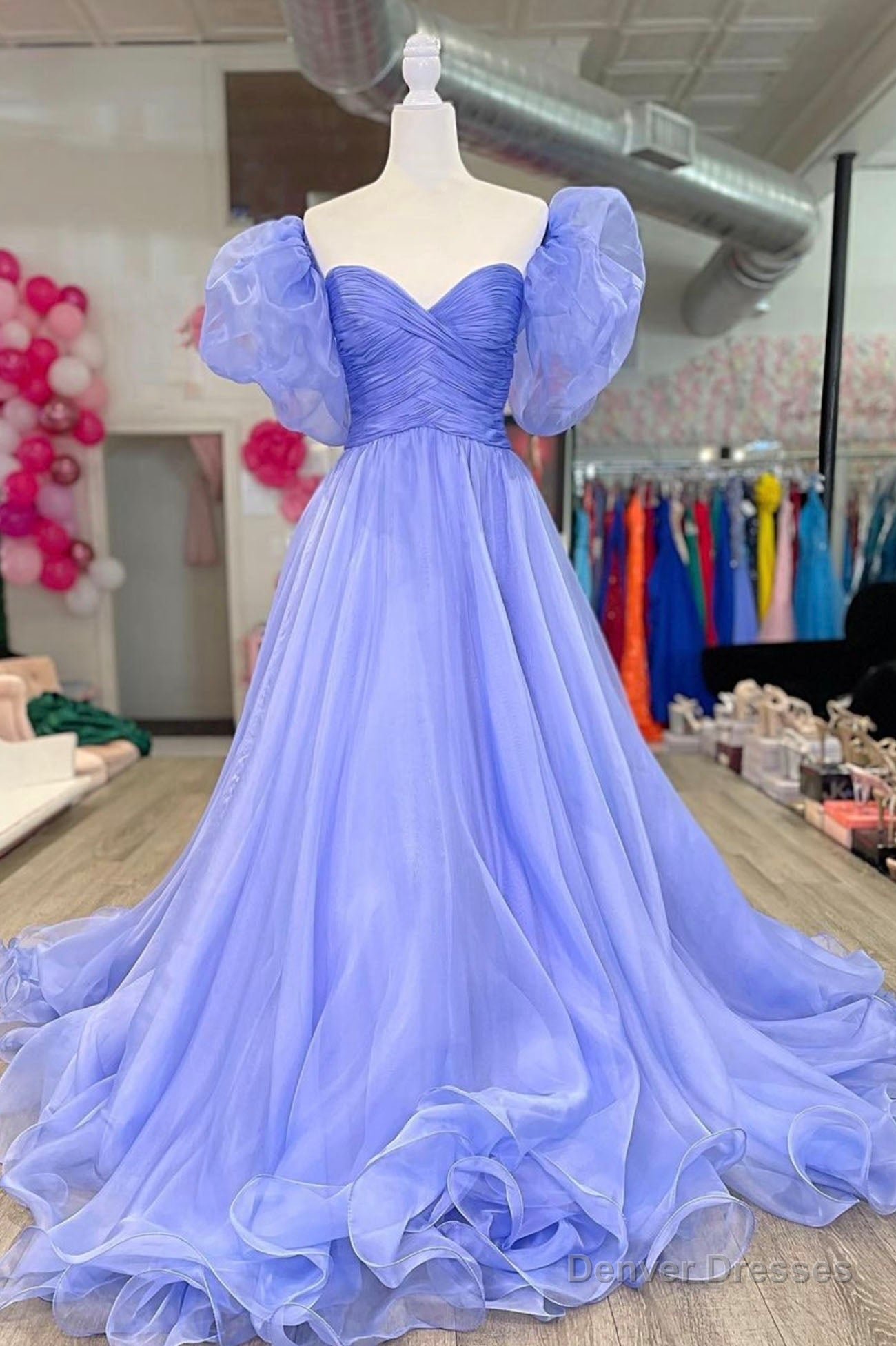 A-Line Organza Long Prom Dress, Lovely Puff Sleeve Evening Dress Main image